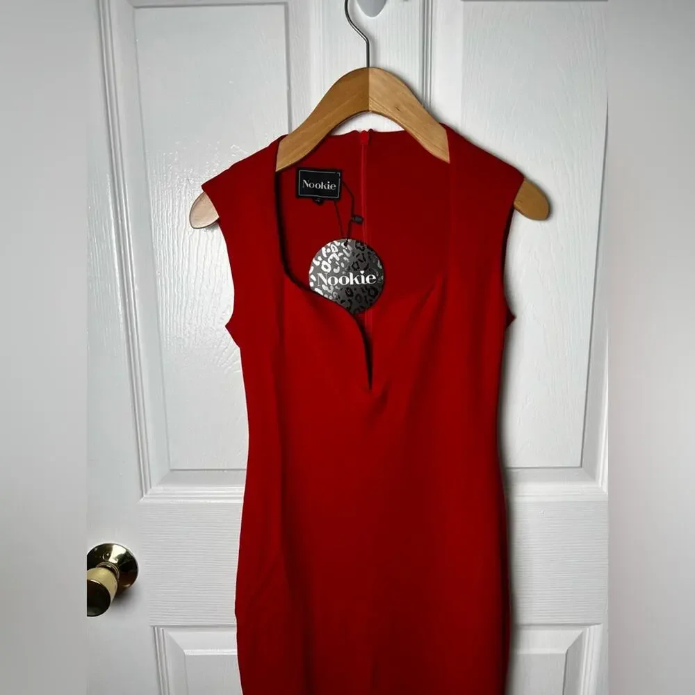 Nookie NEW Red Sweetheart Plunge Neck Bodycon Madonna Midi Dress In Cherry XS
